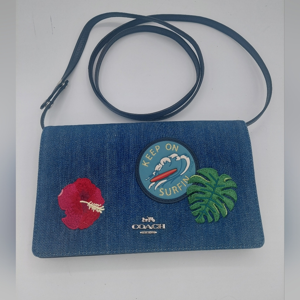 Coach Denim Leather Patches Limited Edition Foldover Crossbody/clutch - Picture 1 of 10